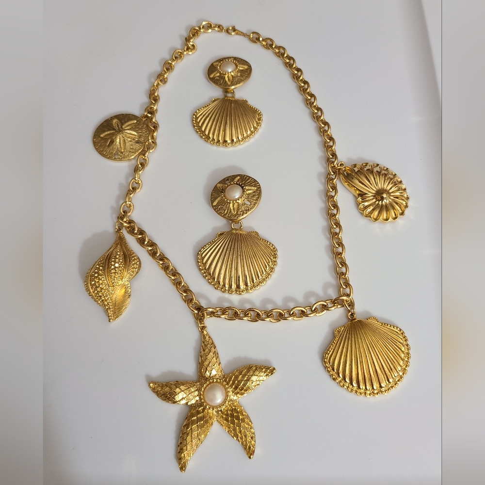 SOLD Vintage KJL Kenneth Jay Lane sea shells necklace earrings pearls coral reef - Picture 1 of 16